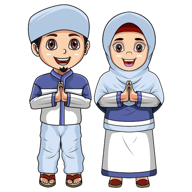 Vector illustration of happy couple muslim kids cartoon