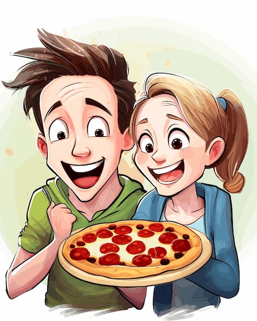 Vettore illustrazione di una coppia felice con una pizza