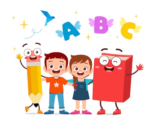 Illustration of happy cute kids with book and pencil