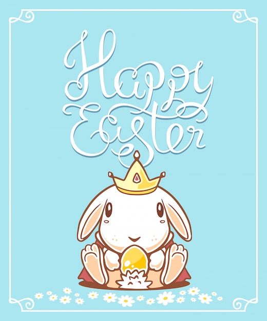 Illustration of happy easter greetings with white bunny holding yellow egg on blue background.