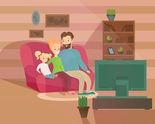 Illustration of happy family evening. mother, father and kid watching television sitting on the couch at home, cozy interior in  cartoon style.