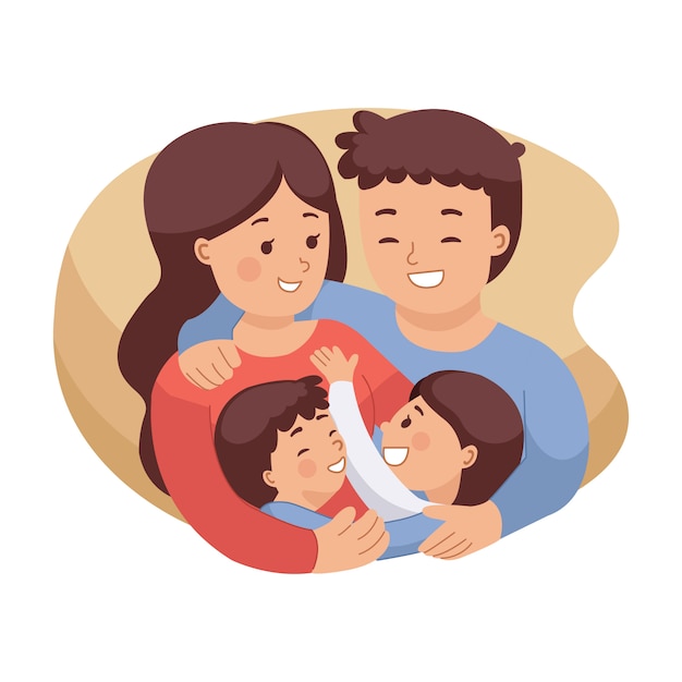 幸せな家族がお互いをハグのイラスト。医療保険のイメージ。ママとパパと娘と息子。国際家族の日。白い背景で隔離のフラットスタイル。