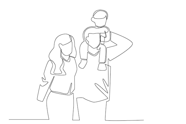 иллюстрация вектора счастливой семьи. Простая линейная концепция отца-матери, рисующего одну линию.