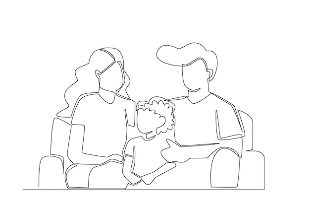 an illustration of happy family vector. Simple line concept of father mother baby drawing one line.