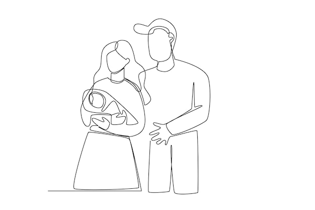 An illustration of happy family vector. simple line concept of father mother baby drawing one line