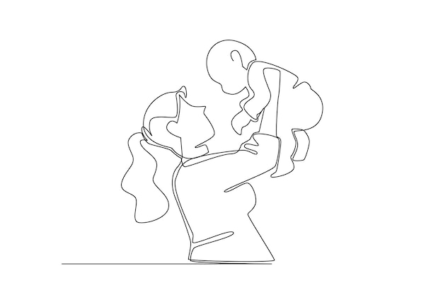 an illustration of happy family vector. Simple line concept of father mother baby drawing one line.