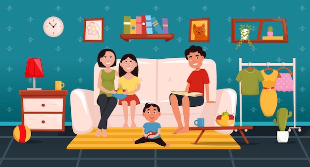 Vector illustration of happy family with children sitting on sofa in the living room