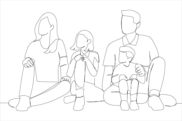 Vector illustration of happy family with two kids playing into new home one line style art