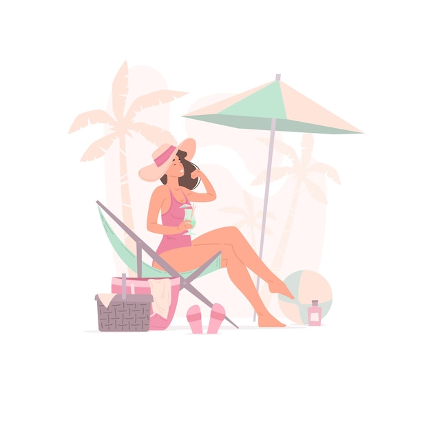 Illustration of happy female with refreshing drink touching hair while chilling on beach