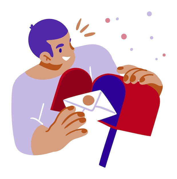 Vettore illustrazione di un uomo felice che apre una cassetta postale a forma di cuore con una lettera