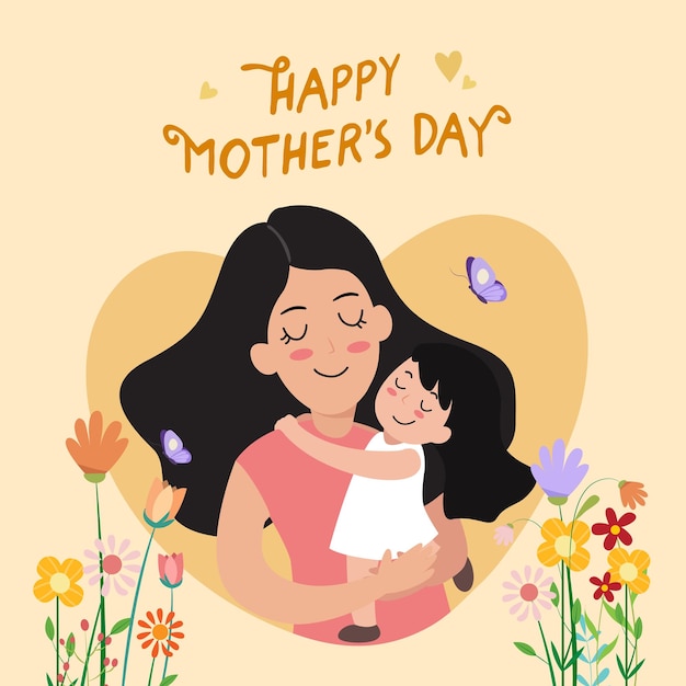 Vector illustration of happy mothers day beautiful mother and daughter character