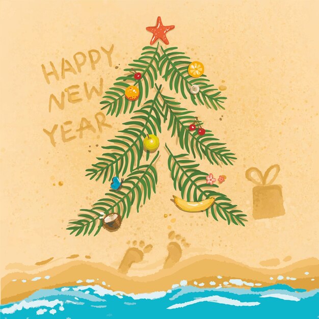 Vector illustration happy new year on the beach palm fruit