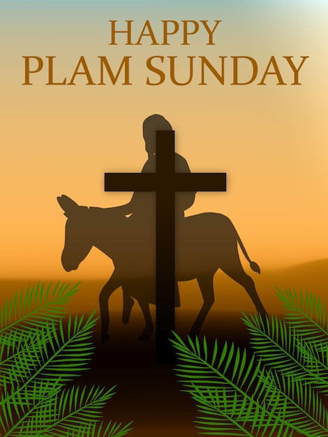 illustration of happy palm sunday included the cross and christ riding a donkey