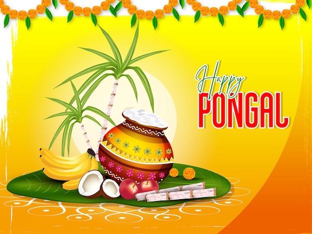 Иллюстрация Happy Pongal Праздничный фестиваль урожая в Тамил Наду, Южная Индия, приветствие фон