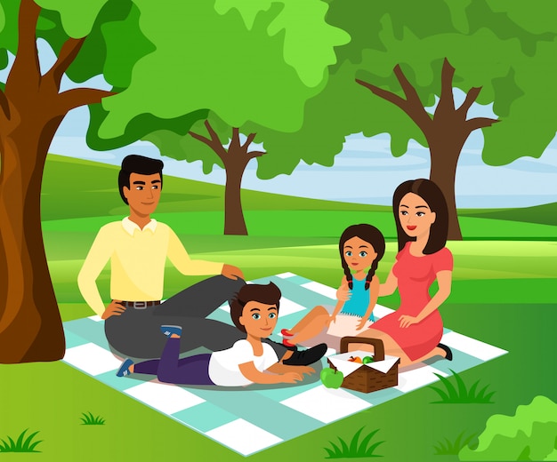 Illustrazione della famiglia felice e sorridente su un picnic. papà, mamma, figlio e figlia riposano sullo sfondo della natura in una e.