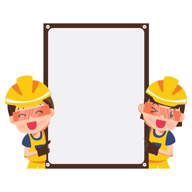 Illustration of a happy smiling construction worker and pointer with blank banner