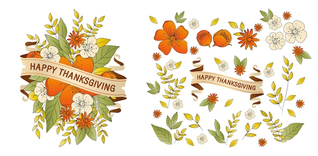 illustration of happy thanksgiving with scroll ribbon set of flowers and leaves isolated background