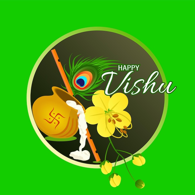 Vector illustration of happy vishu. kerala festival with vishu kani,vishu flower fruits and vegetables.