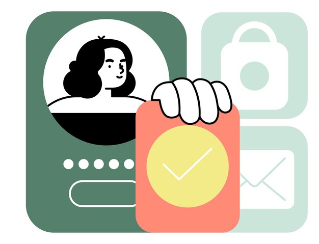 Illustration of a happy woman completing an online purchase with shopping icons
