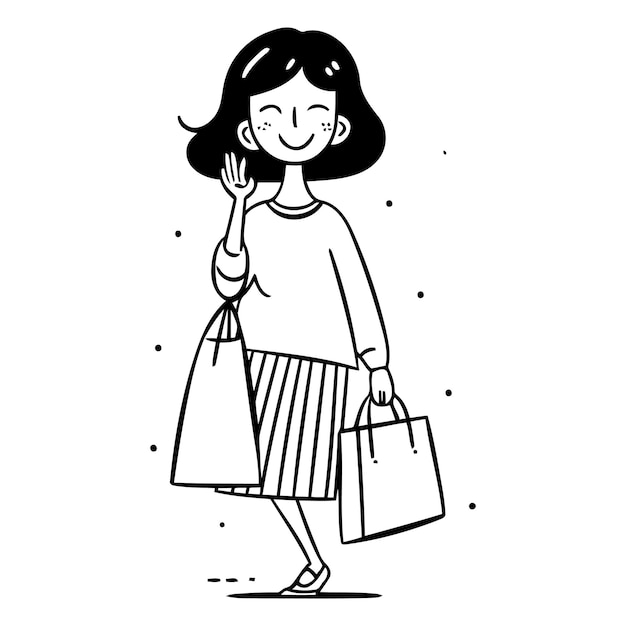 Vector illustration of happy woman with shopping bags in doodle style