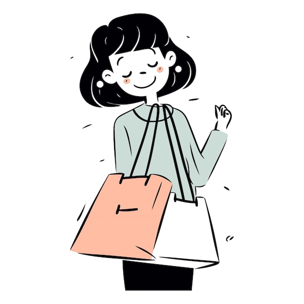 白い背景にショッピングバッグを持った幸せな女性のイラスト