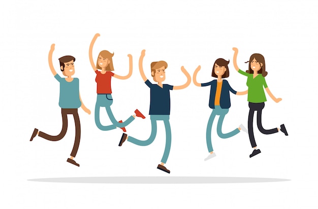 illustration of happy young group of people jumping on a white background. The concept of friendship, emotions success.