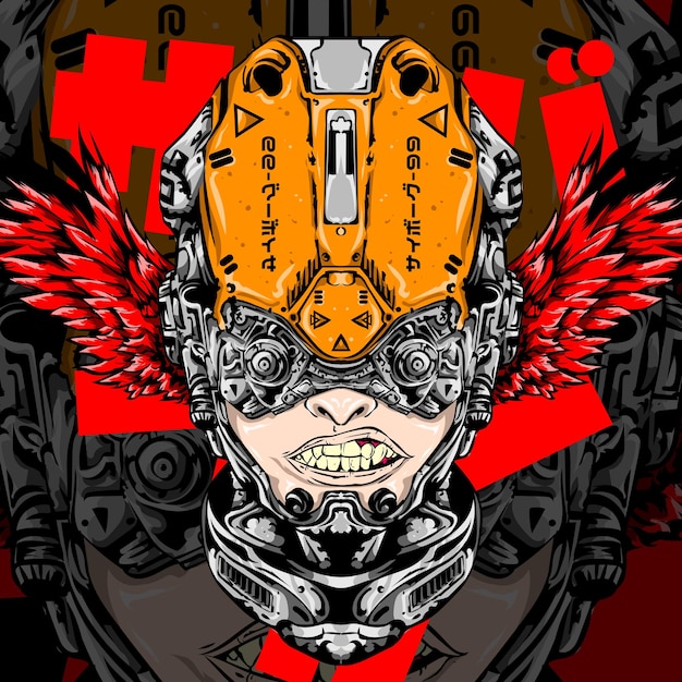 illustration head scifi cyberpunk with wing