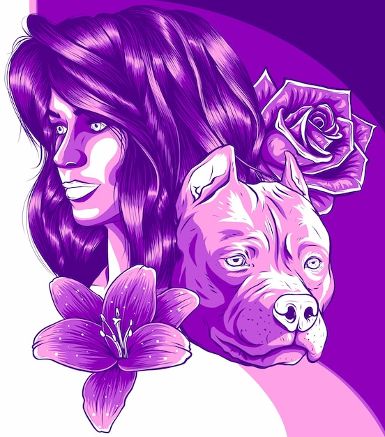 Illustration of head womna with flower and dog