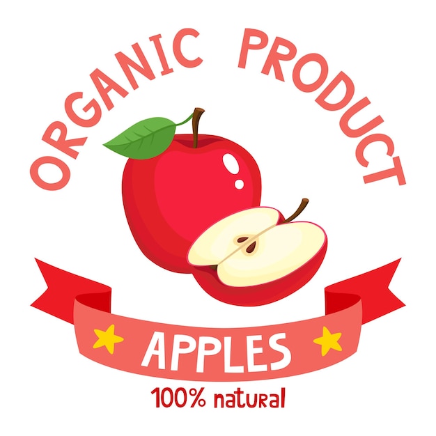 illustration of healthy organic fruits cartoon badge of fresh farm apple with ribbon 