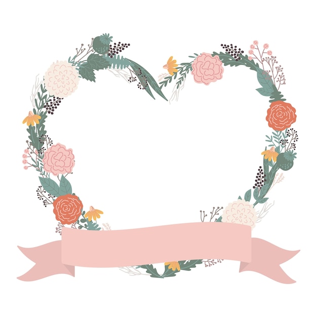 illustration heart frame with flowers and ribbonWedding love bohemian concept for cards invitations