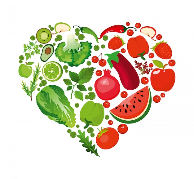  illustration heart shape of red fruits and vegetables. Healthy nutrition organic concept in flat style.