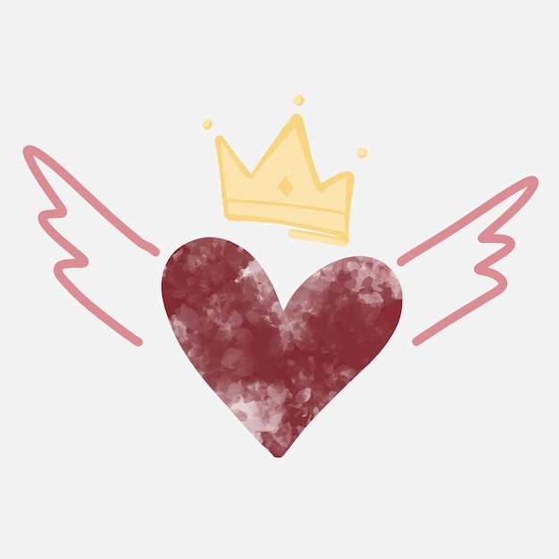 Illustration of a heart with wings and a crown. Boho style heart. Cute clipart.