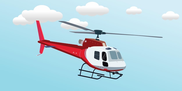 Vector illustration of helicopters and flying vehicles across a cloudy blue sky