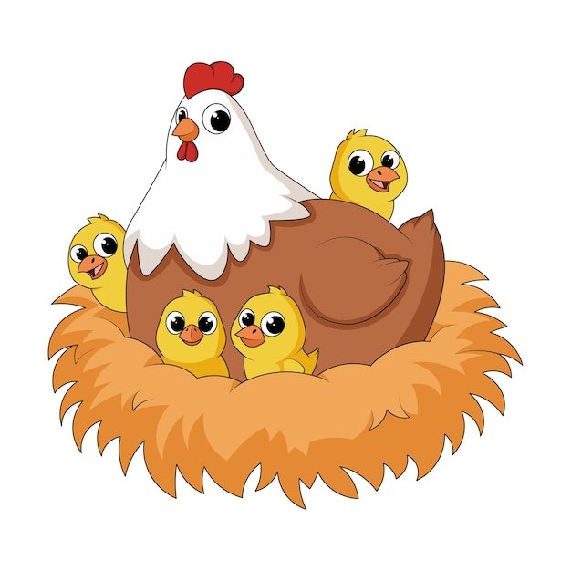 Illustrazione di una gallina con quattro polli nel nido