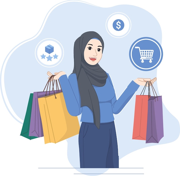 Vector illustration of hijab girl happy shopping