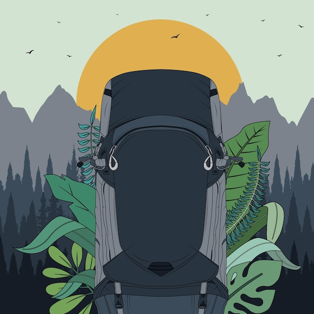 Illustration of hiking backpack with mountain view