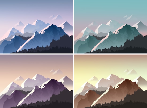 파란색, 녹색, 보라색 및 갈색 빛으로 언덕과 눈 덮인 봉우리의 그림. 다른 색상으로 설정된 자연 배경
