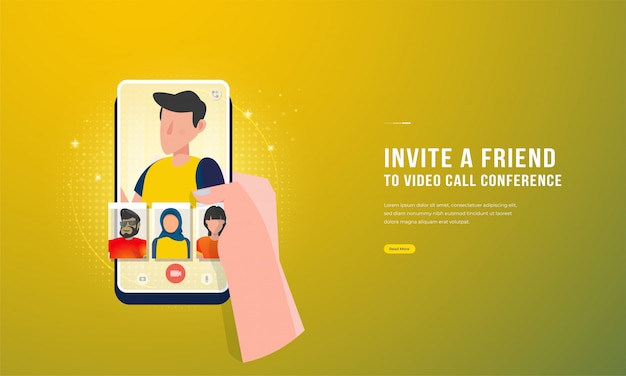 Illustration of holding a smartphone to invite friends to a video call conference