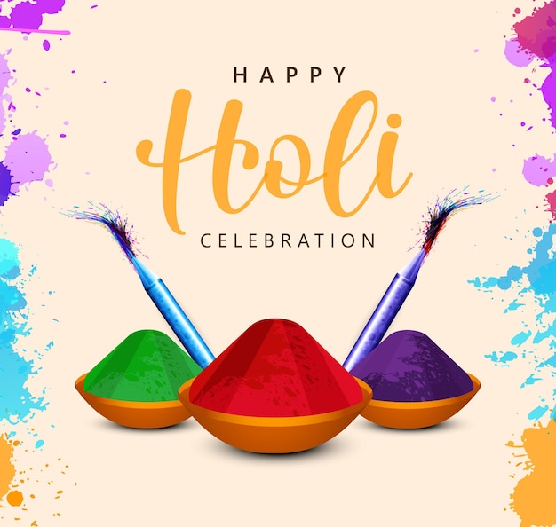 Illustration of Holi Festival with beautiful pichkari and color plates. Happy holi calligraphy text.