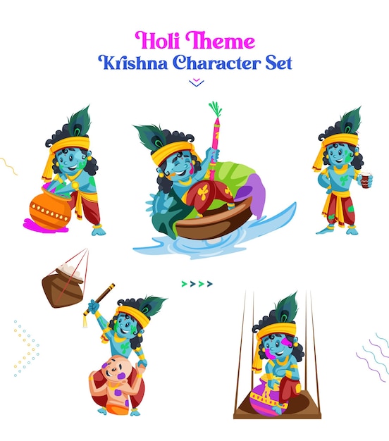 Illustration of holi theme krishna character set