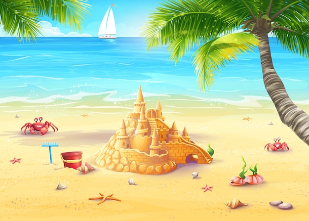 Иллюстрация праздник у моря с замком из песка и веселыми грибами