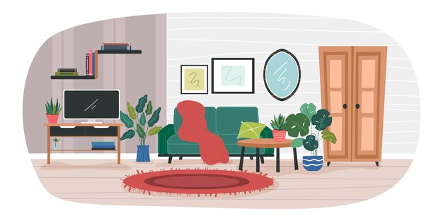 Vector illustration of the home interior. living room decorated with office electronics, television, mirror, pictures, books, houseplants. modern furniture and shapes.