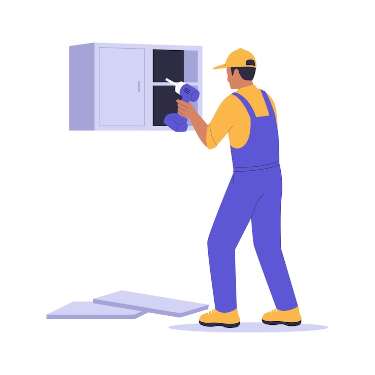Vector illustration of a home repairman installing a cabinet with drill