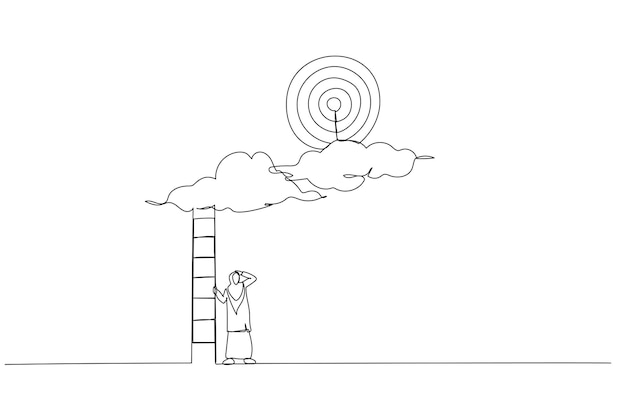 Illustration of hopelessness muslim businesswoman with too short ladder cannot reach target Metaphor for mistake and error causing business problem Single line art style