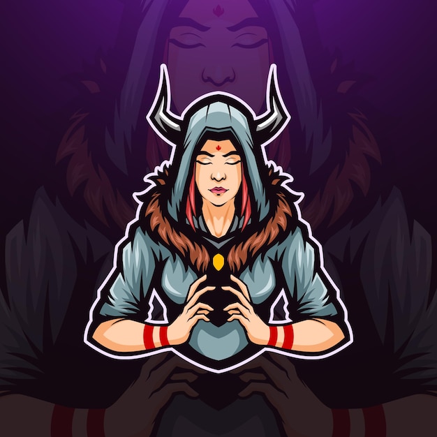 Vector illustration of horned witch lady mascot logo