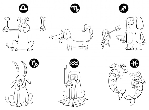 Illustration of horoscope zodiac signs with dogs set