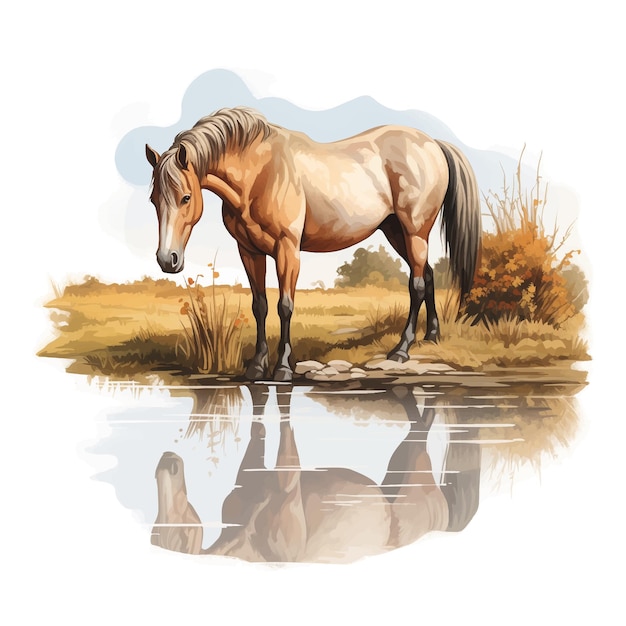 An illustration of a horse standing by a river bank