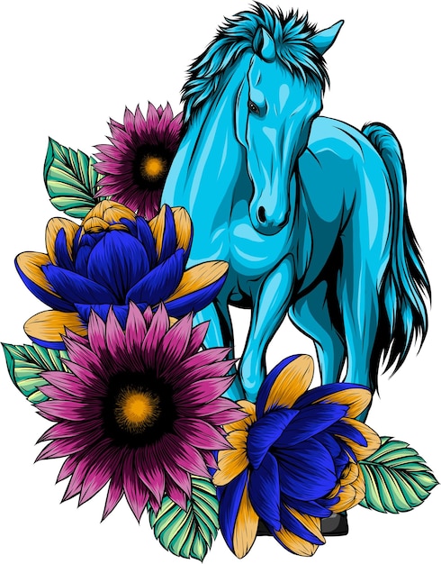 Illustration of horse with flower on white background