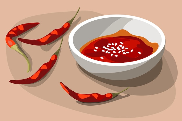 Illustration of a hot chili pepper sauce Asian hot sauce with sesame on a neutral background