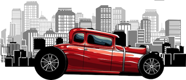 Vettore illustrazione di auto hot rod con la città sullo sfondo